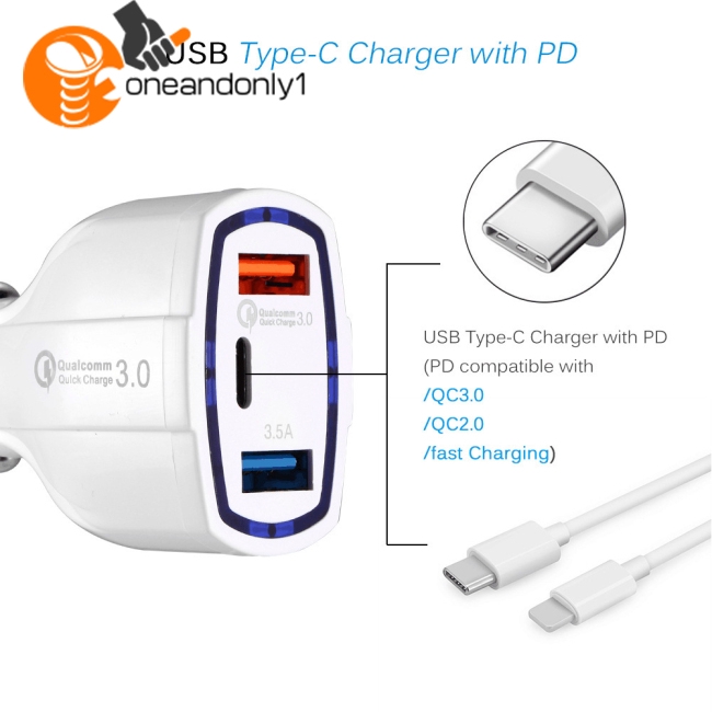 Tẩu Sạc Nhanh Qc3.0 3 Cổng Usb-C Cho Xe Hơi