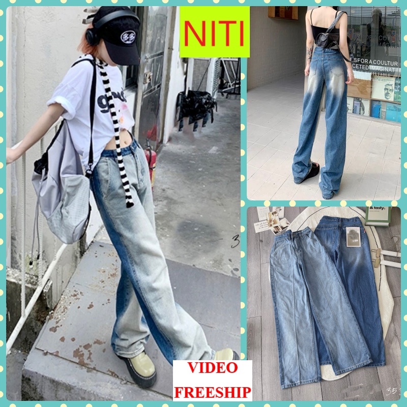 QUẦN JEANS ỐNG RỘNG NỮ LƯNG CAO GÂN ĐÙI LOANG XANH TRƯỚC PHỐI LOANG MÔNG LAI CUỐN MỀM MỊN HOT HIT NITI