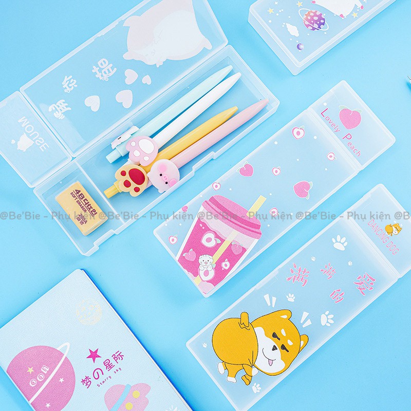 [BP255] Hộp bút nhựa chữ nhật dẹt in hình cute 2 ngăn - BeBie Shop