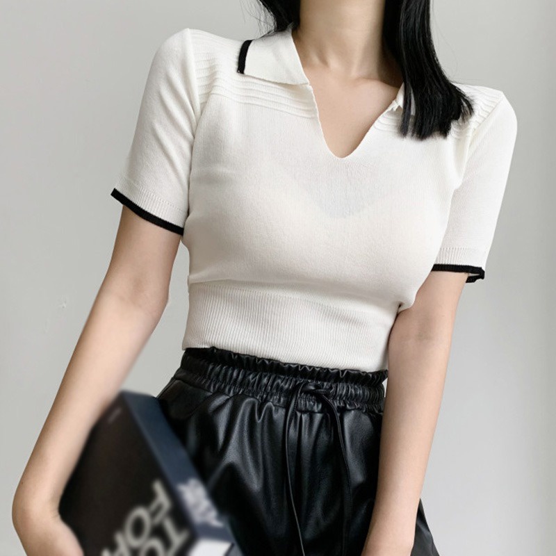 Áo Thun Dệt Kim Tay Ngắn Cổ Bẻ Đơn Giản Phong Cách Retro Mùa Hè Cho Nữ