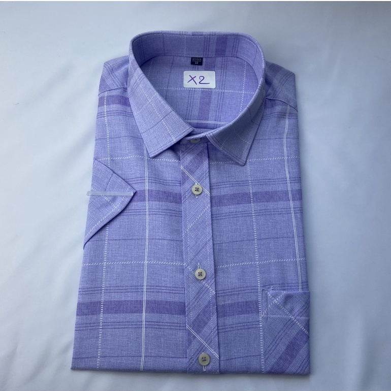 Sơ mi ngắn tay cotton kẻ tím X2