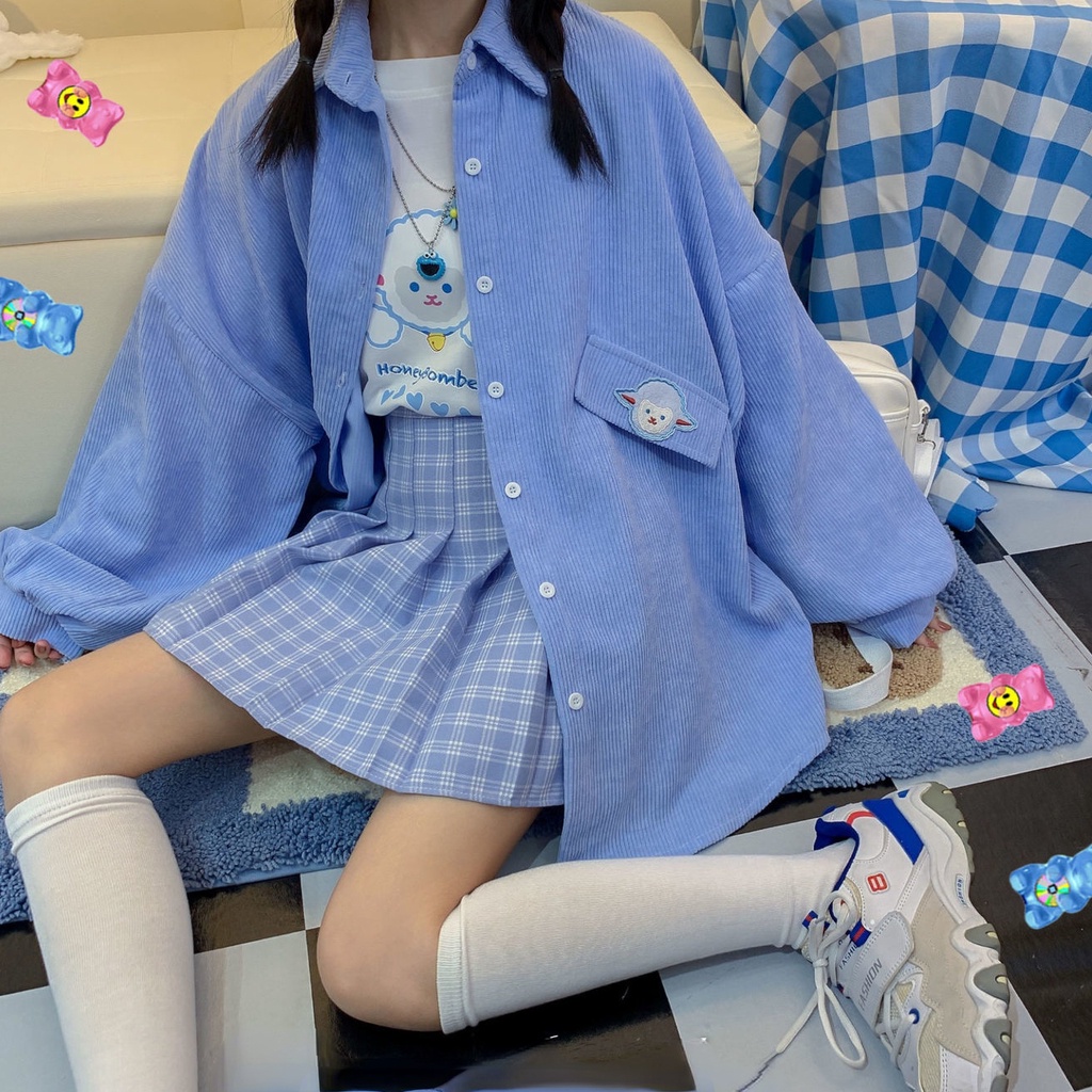 Áo Sơ Mi Nhung Kẻ Thêu Hình Dễ Thương Dành Cho Nữ