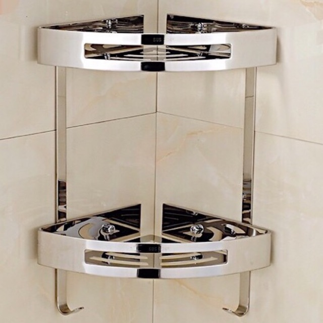 Kệ góc inox 2 tầng khay dời hàng chuẩn inox 304 (kèm miếng dán không phải khoan tường hoặc khoan tường) nan dẹt