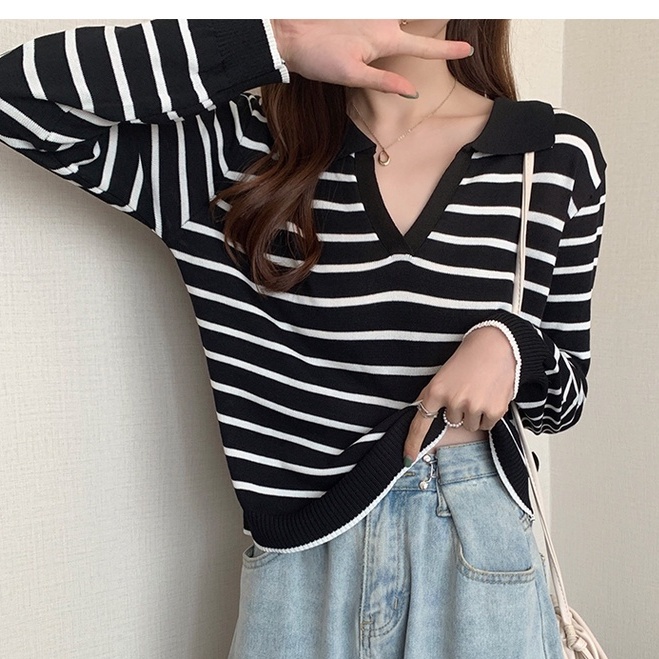 Áo sweater ZHELIHANGFEI cổ polo tay dài kẻ sọc dễ phối đồ hợp thời trang