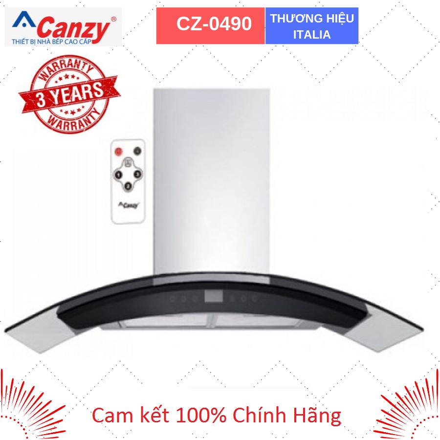 Máy hút mùi kính cong Canzy CZ 0490 (Cảm ứng siêu nhạy, Máy khỏe, Hút êm, Có điều khiển xa)