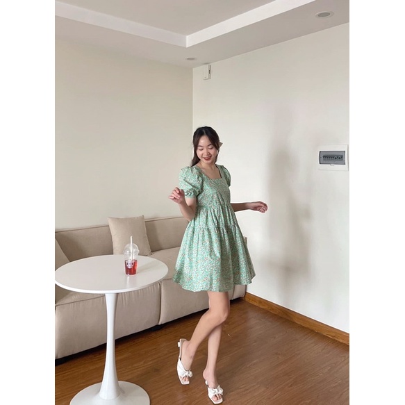 Váy babydoll nơ lưng hoa nhí xanh mint ullzang - Đầm xoè cổ vuông tay phồng nơ lưng xanh lá