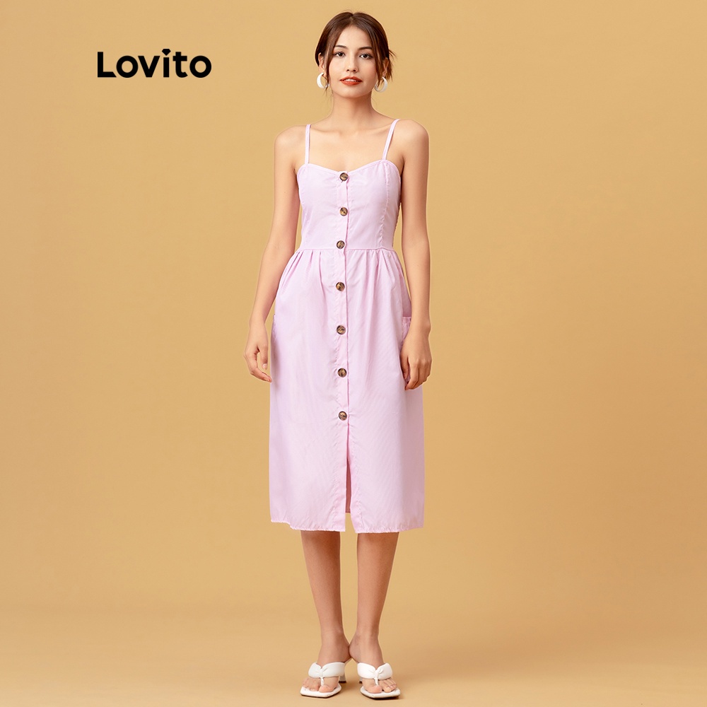 Đầm Lovito họa tiết sọc phối nút gài đơn giản L05162 (Đỏ/Xanh dương) | BigBuy360 - bigbuy360.vn