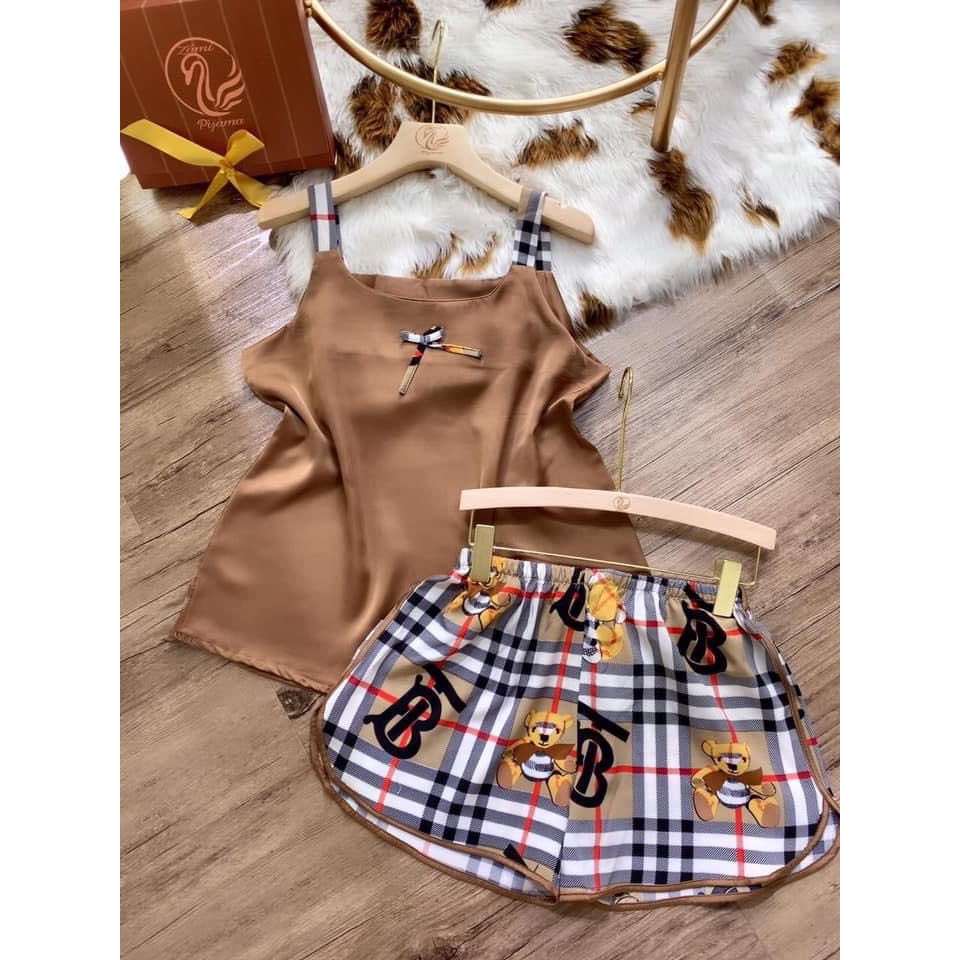 Pizama hai dây áo trơn phối quần họa tiết | BigBuy360 - bigbuy360.vn