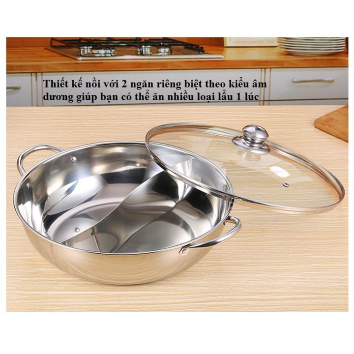 Nồi Lẩu 2 Ngăn Nắp Kiếng Inox Hotpot, siêu tiện dụng, thích hợp cả bếp từ và hồng ngoại 32cm