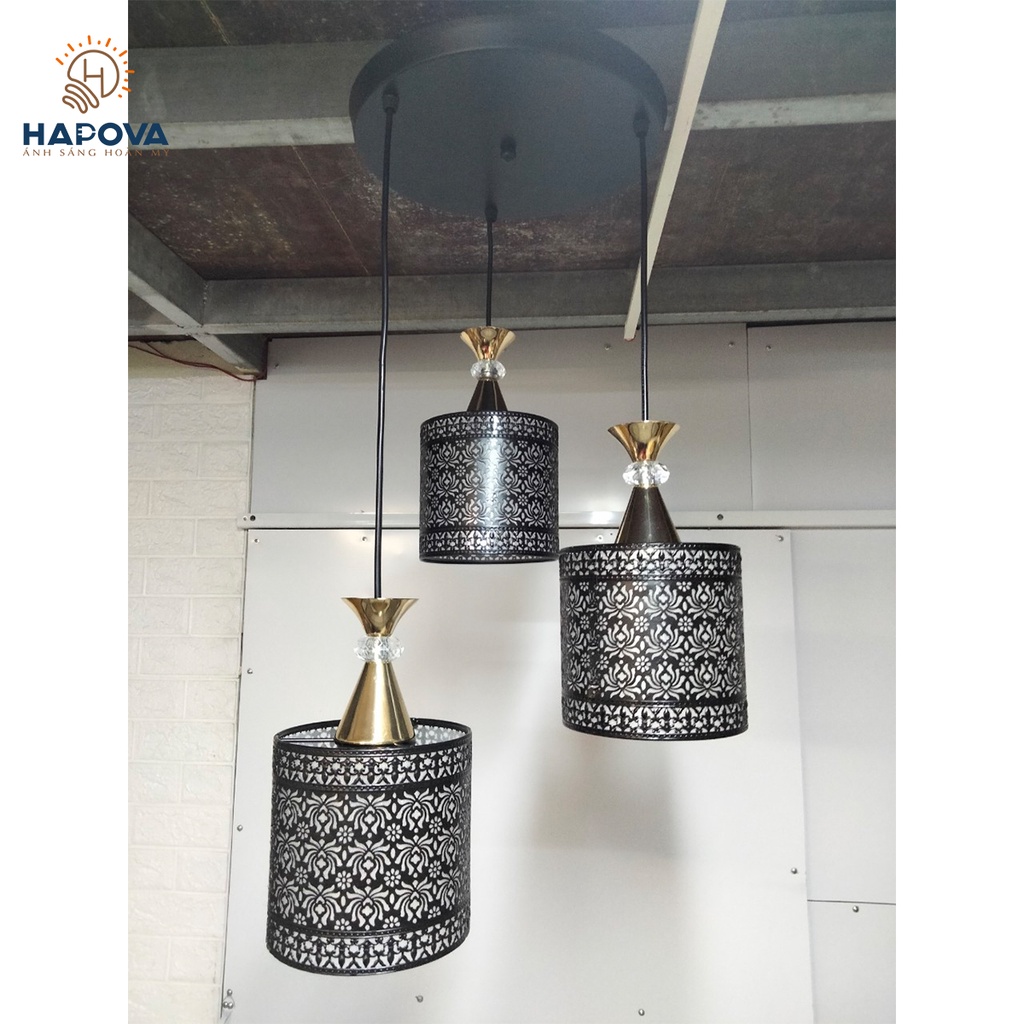 Bộ 03 đèn thả trần bàn ăn hoa văn HAPOVA XENIA 7095 + Tặng kèm bóng led AS Vàng