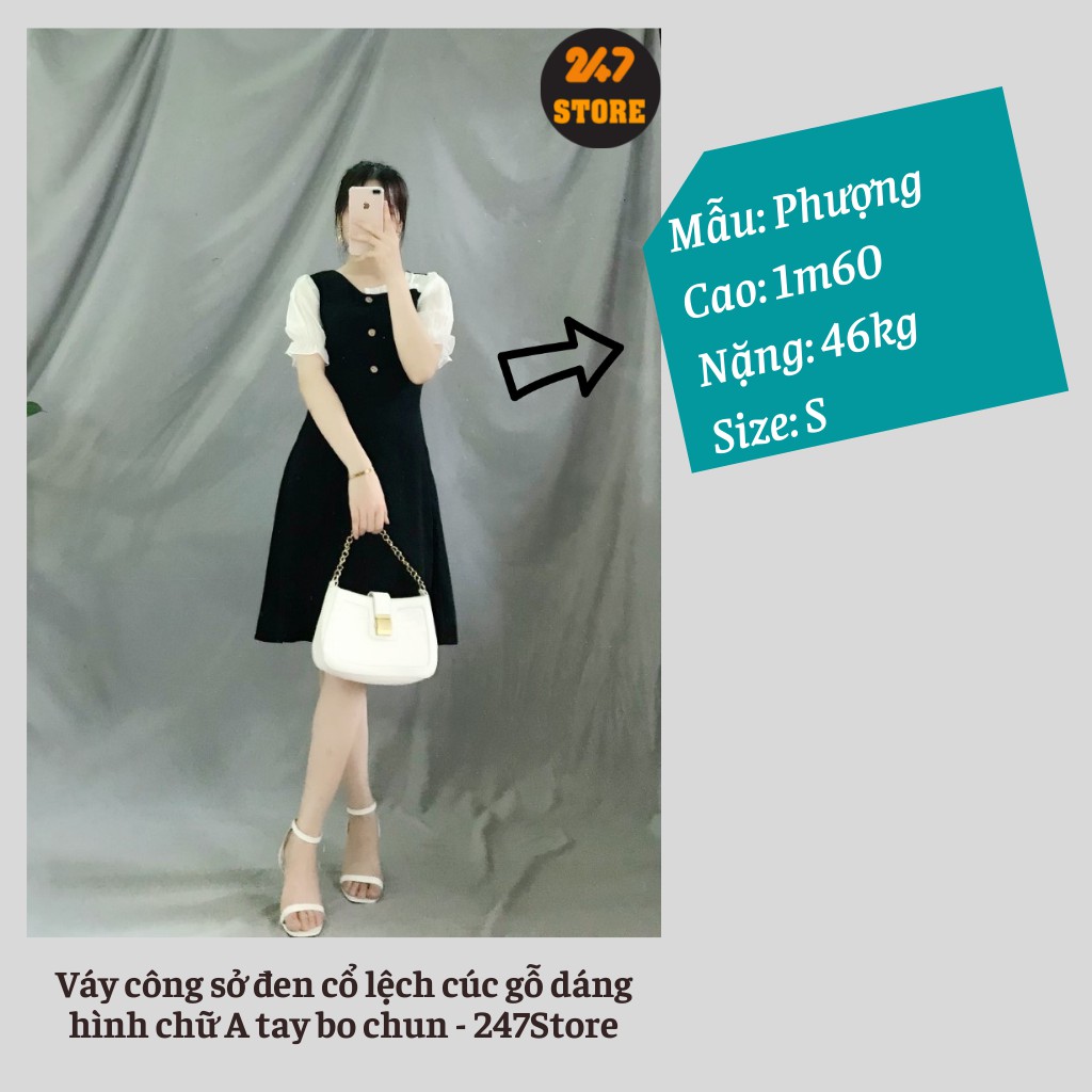 Váy đen công sở cổ lệch cúc gỗ tay voan dáng chữ A 247 STORE | BigBuy360 - bigbuy360.vn