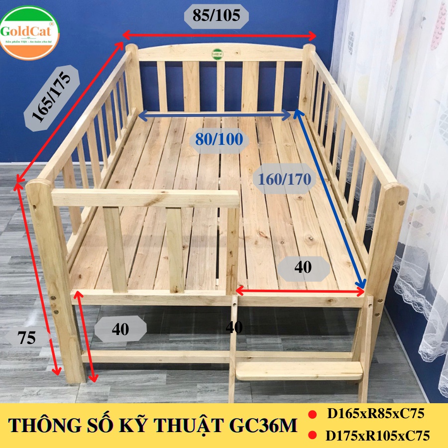 Giường Ngủ Ghép Cầu Thang Cho Bé GOLDCAT GC36M Chất Liệu Gỗ Quế Chịu Lực Tốt, Chiều Cao Thay Đổi Linh Hoạt