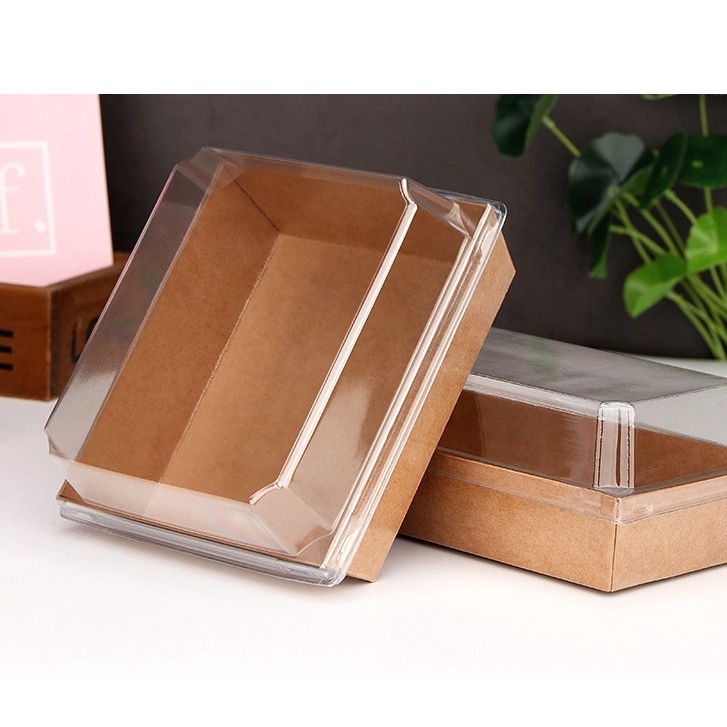 50c Hộp giấy vuông kraft E1413 nắp nhựa trong đựng bánh mochi chấm kem sữa - bánh ngọt - bông lan trứng muối