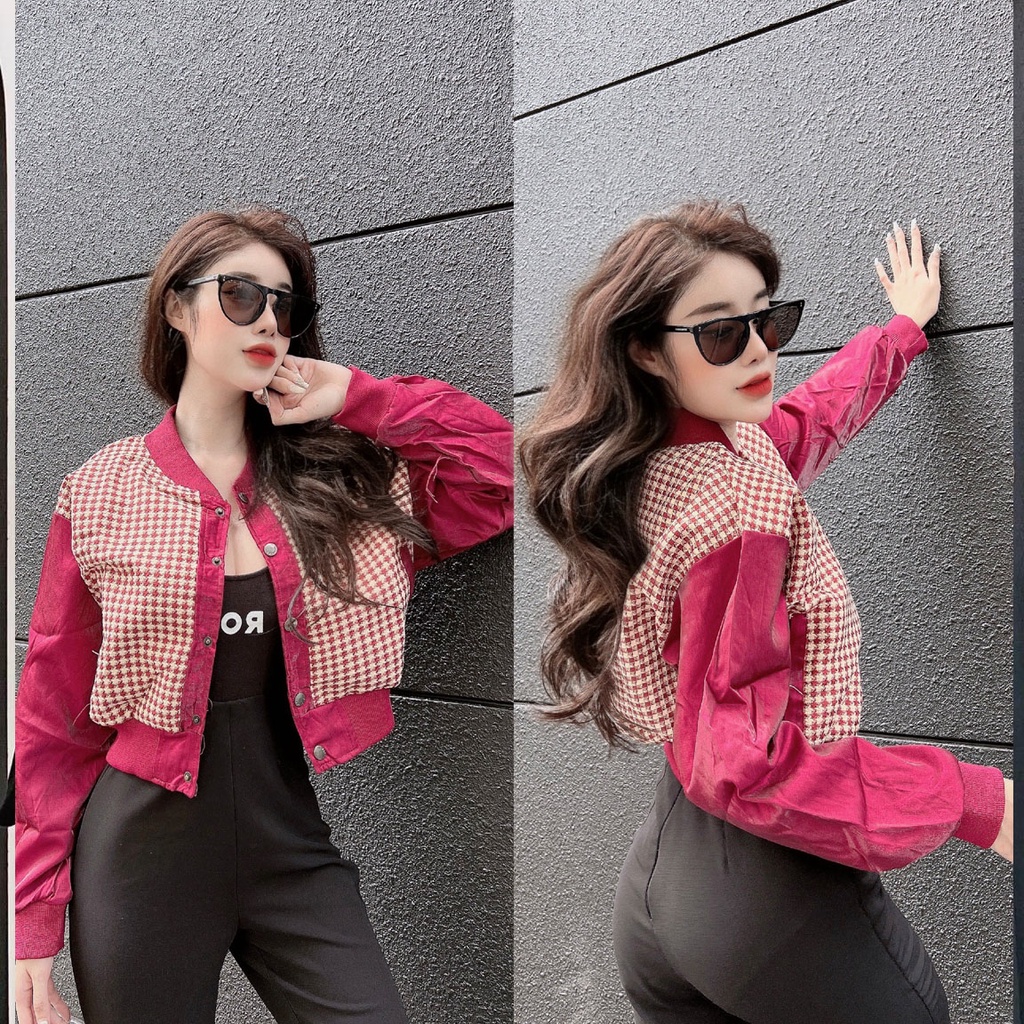 Áo Khoác Chống Nắng Nữ Phom Lửng Bomber Hàng QC Chất Lượng Phối Phi Xà Cừ Mẫu Áo Sọc Caro Thời Thượng Cá Tính Mạnh Mẽ