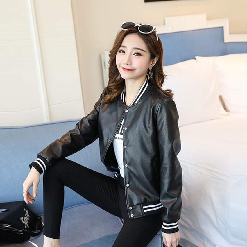 ÁO KHOÁC DA NỮ CAO CẤP- DA PU THÁI ,THIẾT KẾ TRẺ TRUNG CÓ NÚT BẤM HIỆN ĐẠI