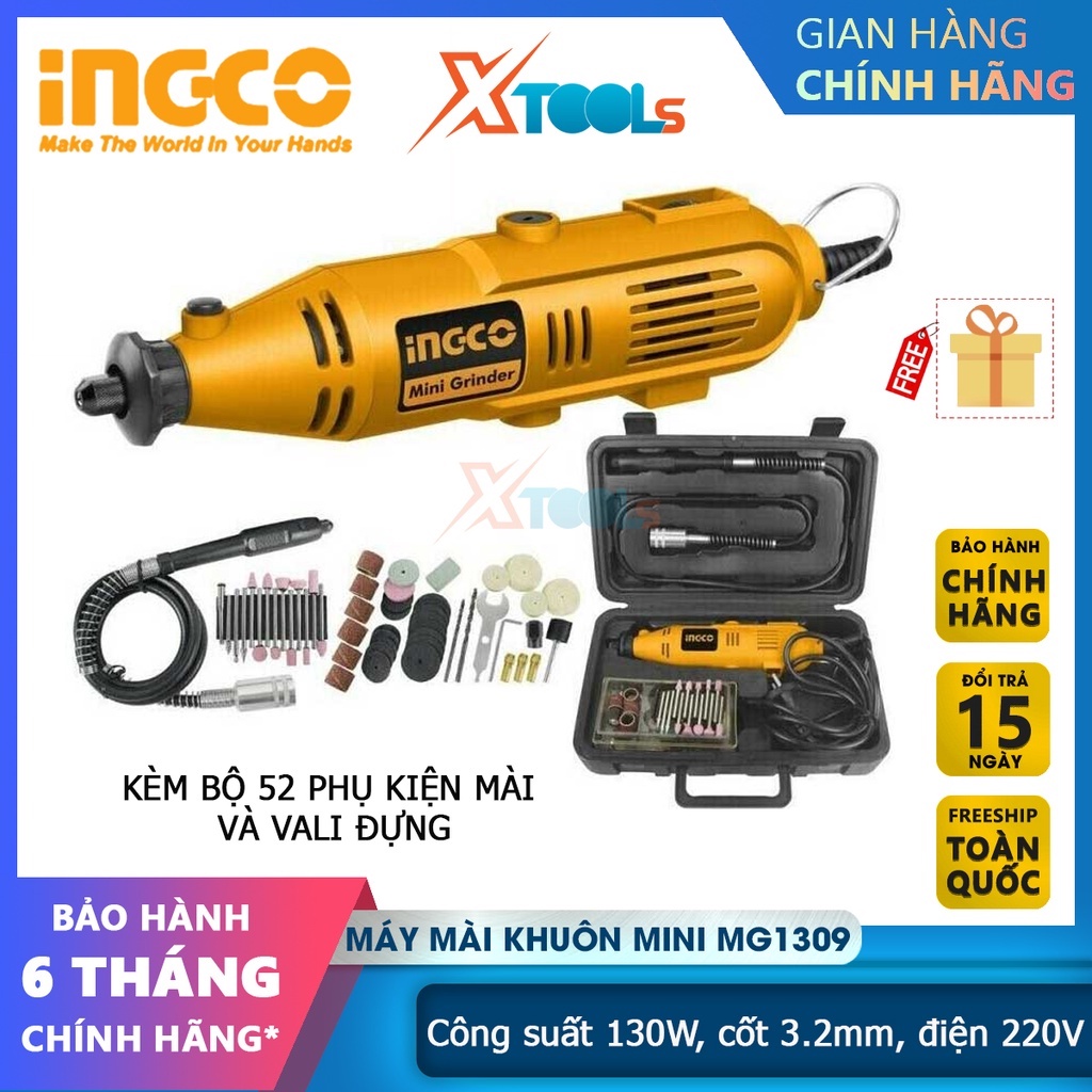 Máy mài khuôn cầm tay mini INGCO MG1309, bộ máy mài, khắc, khoan mini cốt 3.2mm tặng kèm 52 phụ kiện và dây nối đàn hồi
