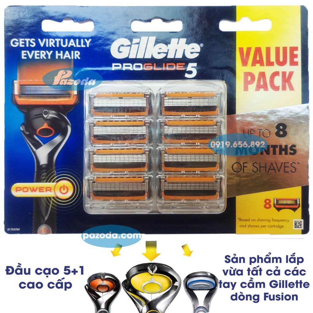 Hộp 8 lưỡi dao cạo râu Gillette Proglide5 Power (đầu cạo 5+1)