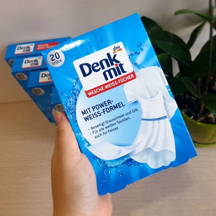 Giấy tẩy trắng quần áo Denkmit giúp tăng độ trắng sáng hộp 20 miếng - hàng chính hãng  nội địa Đức