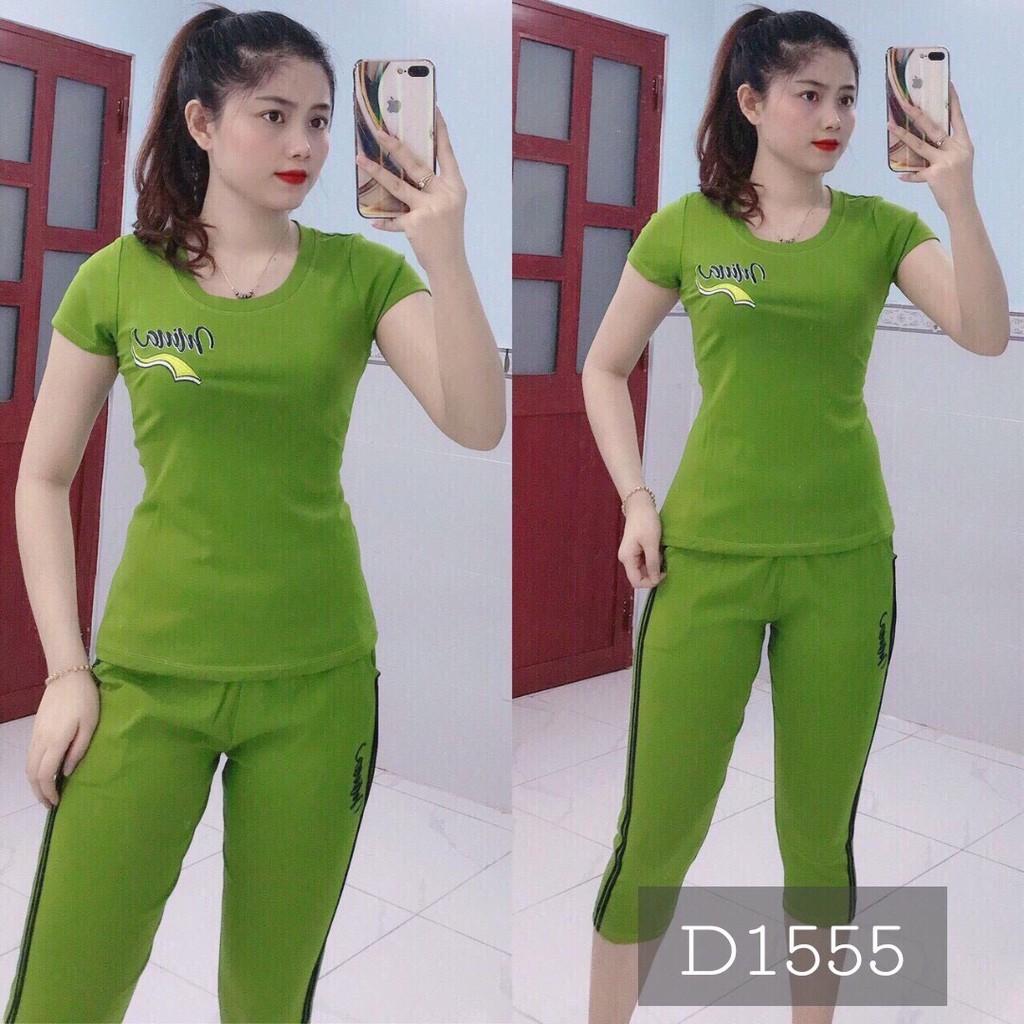 Set bộ quần áo nữ lửng mặc nhà logo thêu sọc thun cotton co giãn 4 chiều 155/ Có size XXL