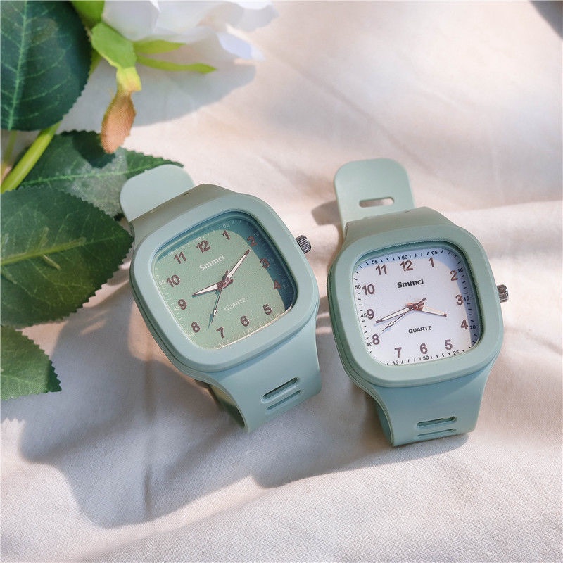 Đồng Hồ Đeo Tay Mặt Vuông Màu Xanh Bạc Hà Phong Cách Mới Cho Nữ Sinh