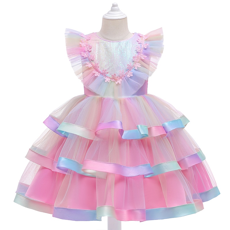 Đầm Công Chúa Phối Ren Đính Kim Sa Nhiều Màu Sắc Cho Bé Gái L5262