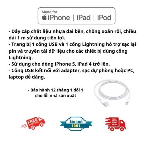 DÂY SẠC IPHONE DÀI 1M BẢO HÀNH 1 ĐỔI 1 12 THÁNG