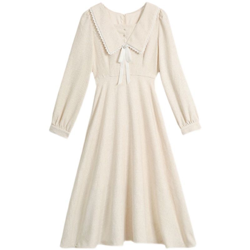 Đầm Trắng Dài Tay Chiết Eo Phong Cách Retro Pháp Thanh Lịch Cho Nữ