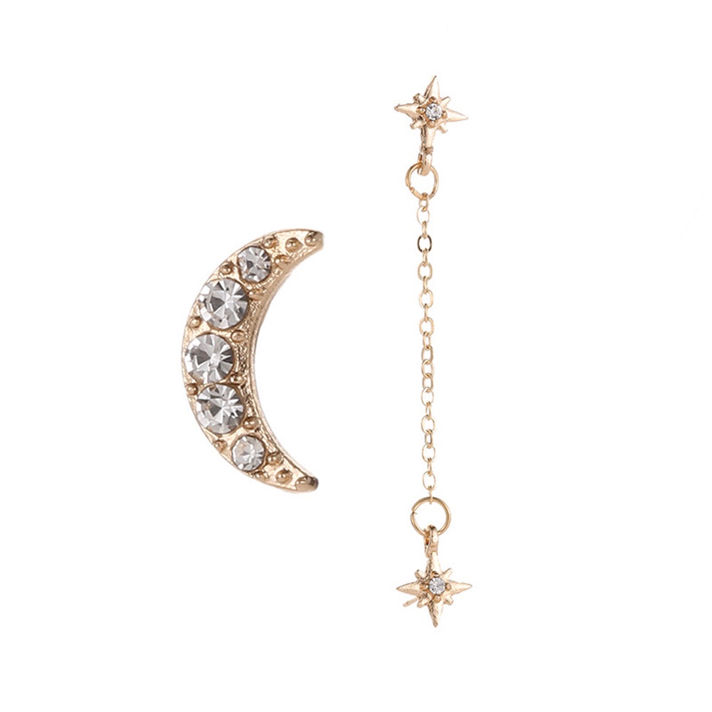 Classic  Personality Temperament Moon Star Rhinestone Chain Earrings Geometric Tassel Stud Ear Clip Jewelry