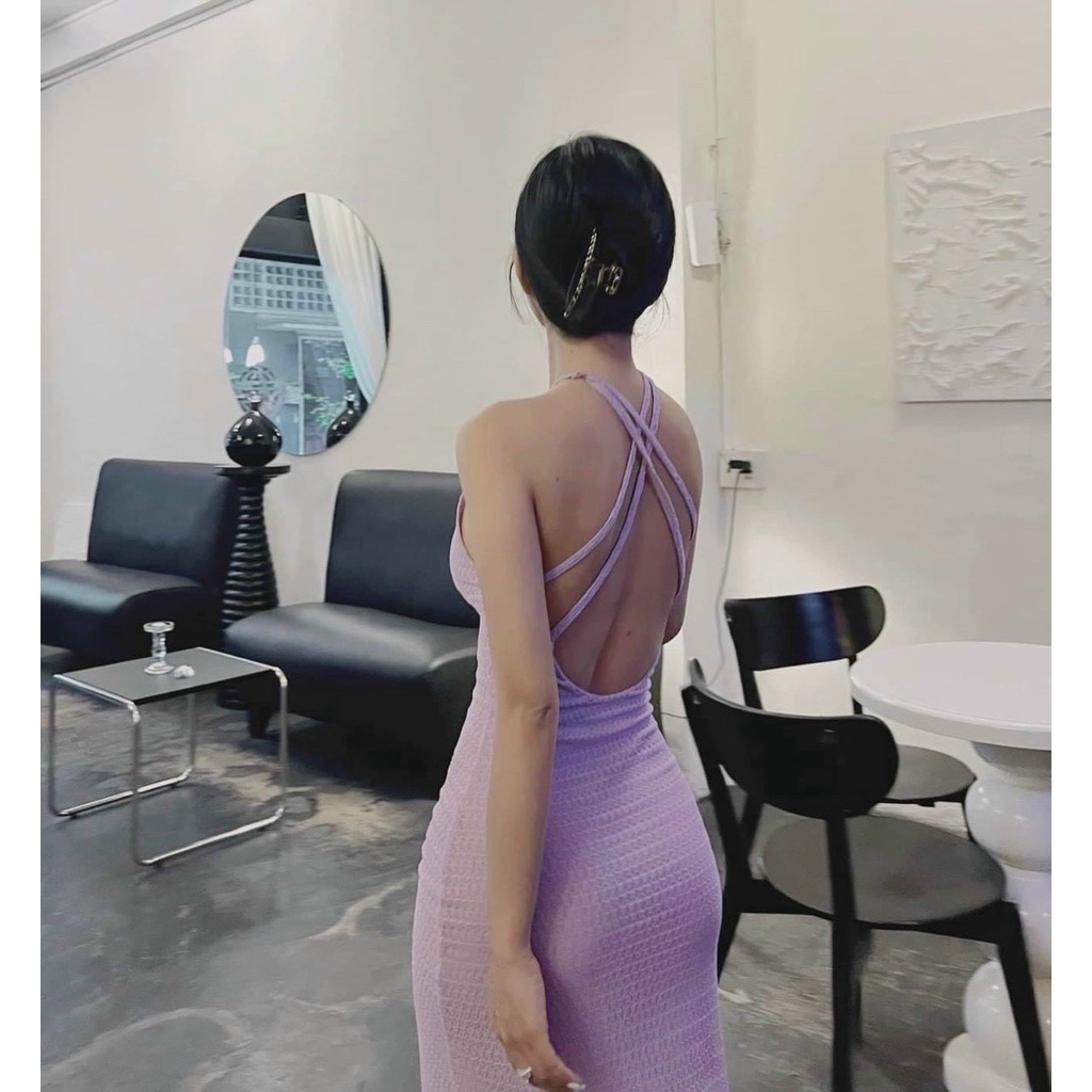 Đầm yếm hở lưng 4 dây chéo ôm body dáng dài sexy , chất thun gân mềm mịn