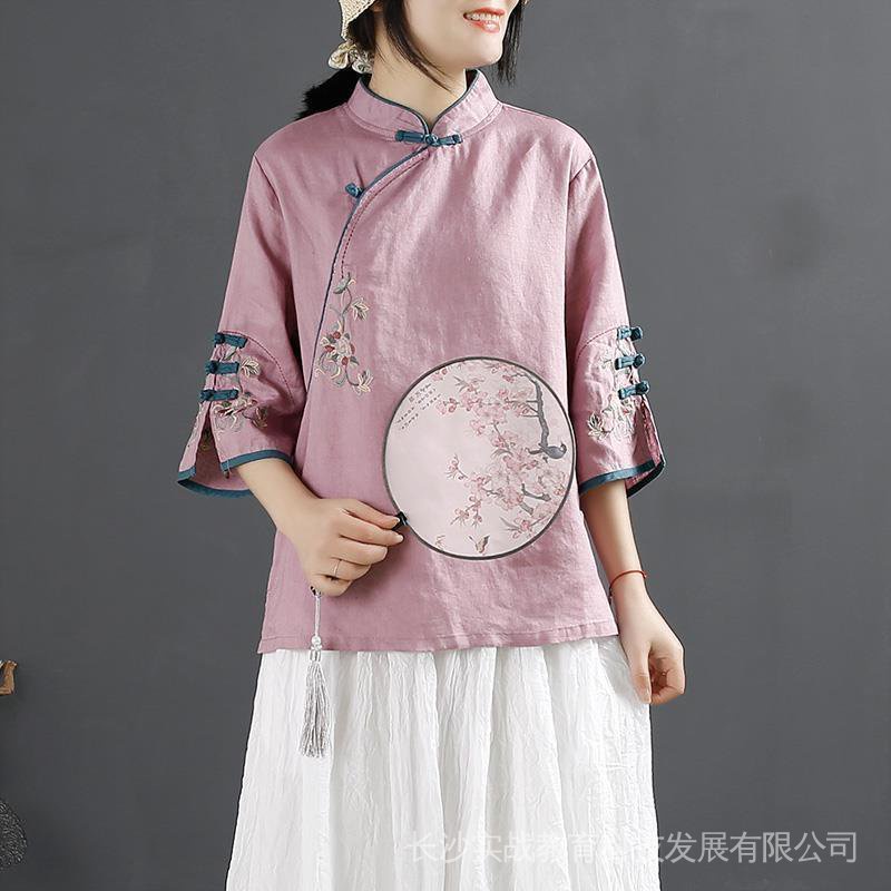 Áo Sơ Mi Cotton Lanh Cổ Đứng Cài Nút Phong Cách Trung Hoa Cổ Điển Thời Trang Xuân Hè Dành Cho Nữ 2022