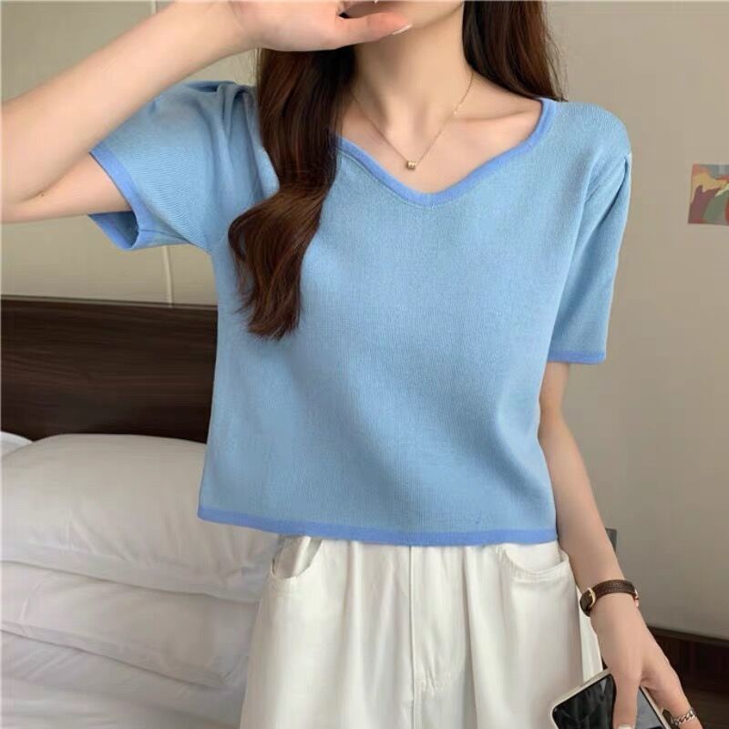 Áo Thun Dệt Kim Tay Ngắn Cổ Chữ v Màu Trắng Thời Trang Mùa Hè Cho Nữ