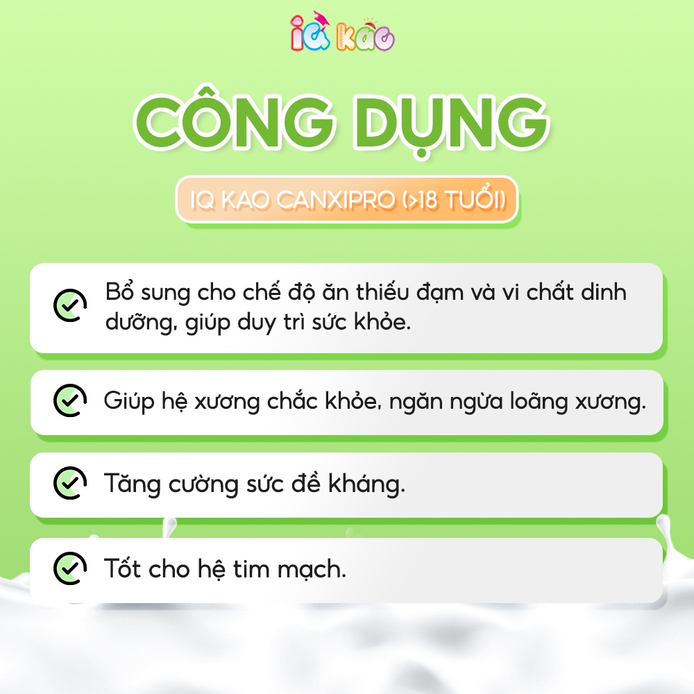 Sữa bột IQ KAO CANXI PRO dành cho người trên 18 tuổi tốt cho xương khớp và tim mạch, ngăn ngừa loãng xương hộp 900g