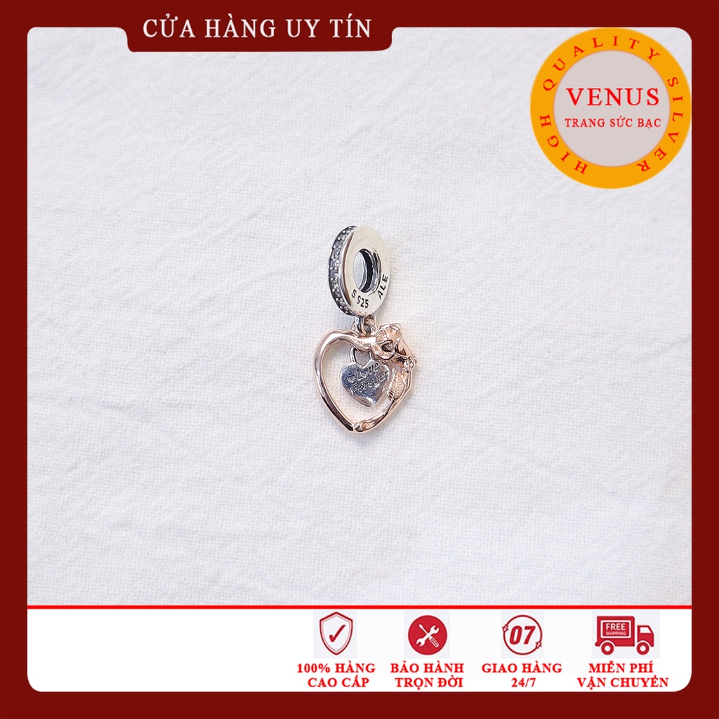 [Charm bạc 925 cao cấp] Charm tim xi vàng từ bồng hoa hồng- Mã sản phẩm VENUSVLT