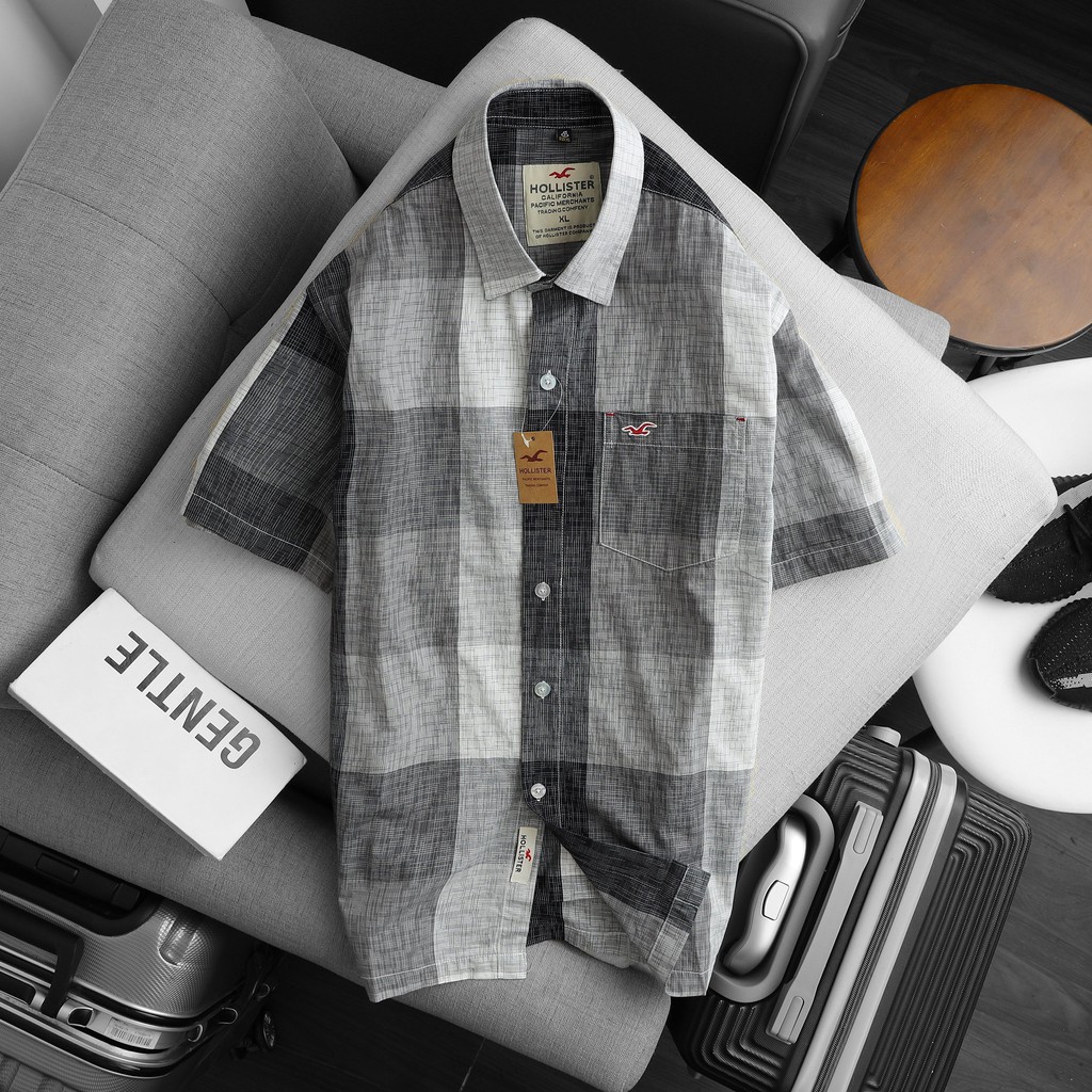 Áo sơ mi nam caro ngắn tay vạt ngang Hollister màu PHỐI ĐEN XÁM cao cấp - Sành Điệu hàng Hiệu
