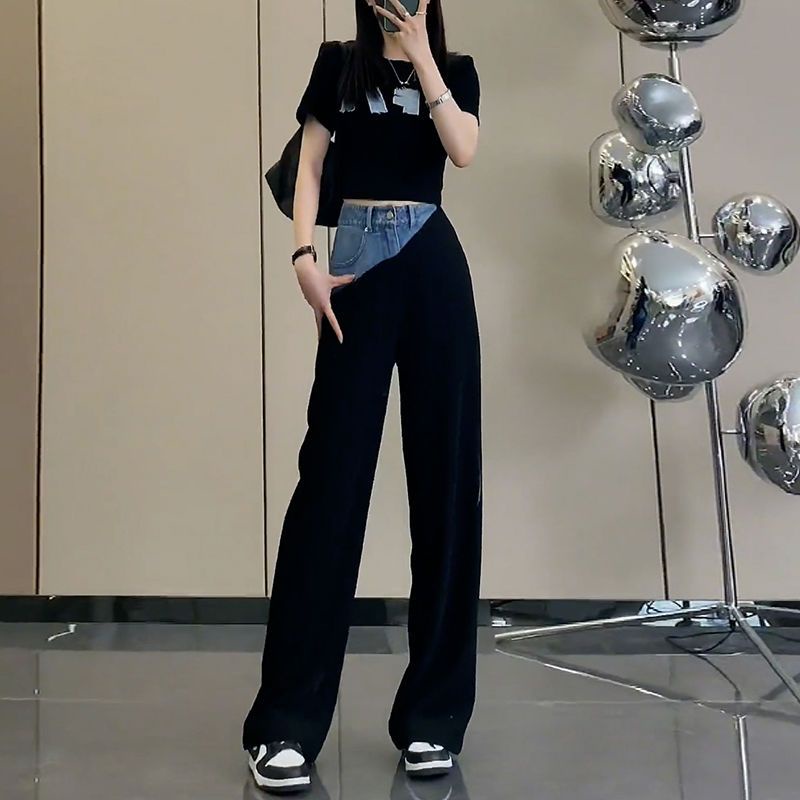 Quần Jean Ống Rộng Cạp Cao Bằng Lụa Băng Mỏng Ghép Vải Tencel Thiết Kế Cảm Giác Mới Mùa Hè Dành Cho Bạn Nữ