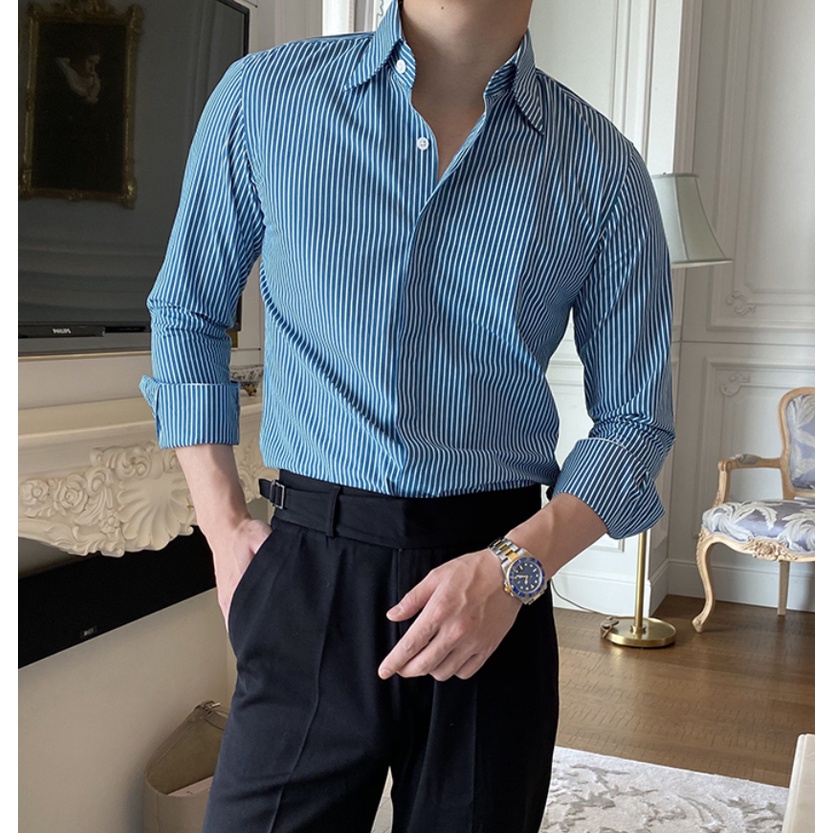 Áo Sơ Mi Nam Kẻ Sọc Tay Dài Màu Xanh Đậm Công Sở Trady Form Ôm Body Lịch Lãm - Trady Fashion