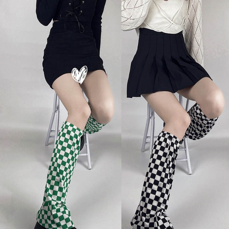 Tất Dài Họa Tiết Sọc Caro Phong Cách Harajuku