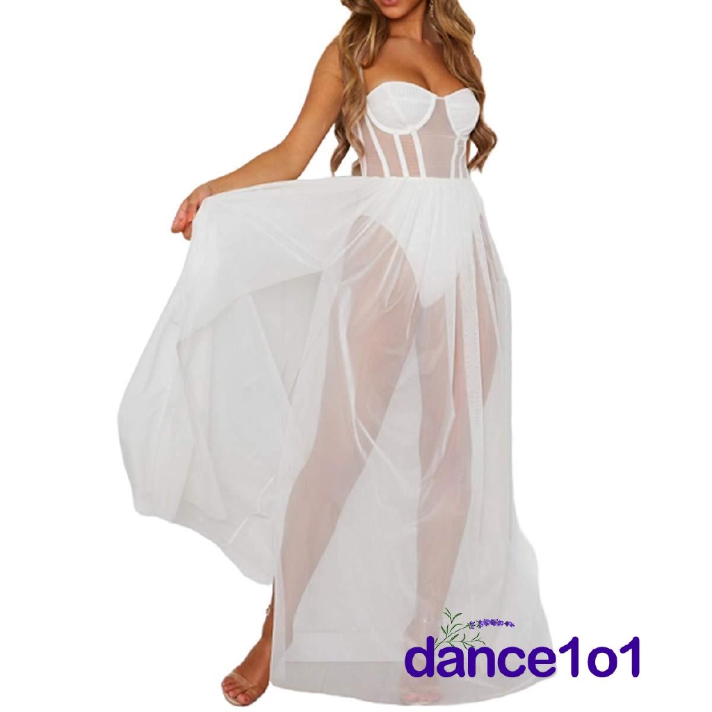 Đầm dài hai dây chất vải xuyên thấu phong cách quyến rũ