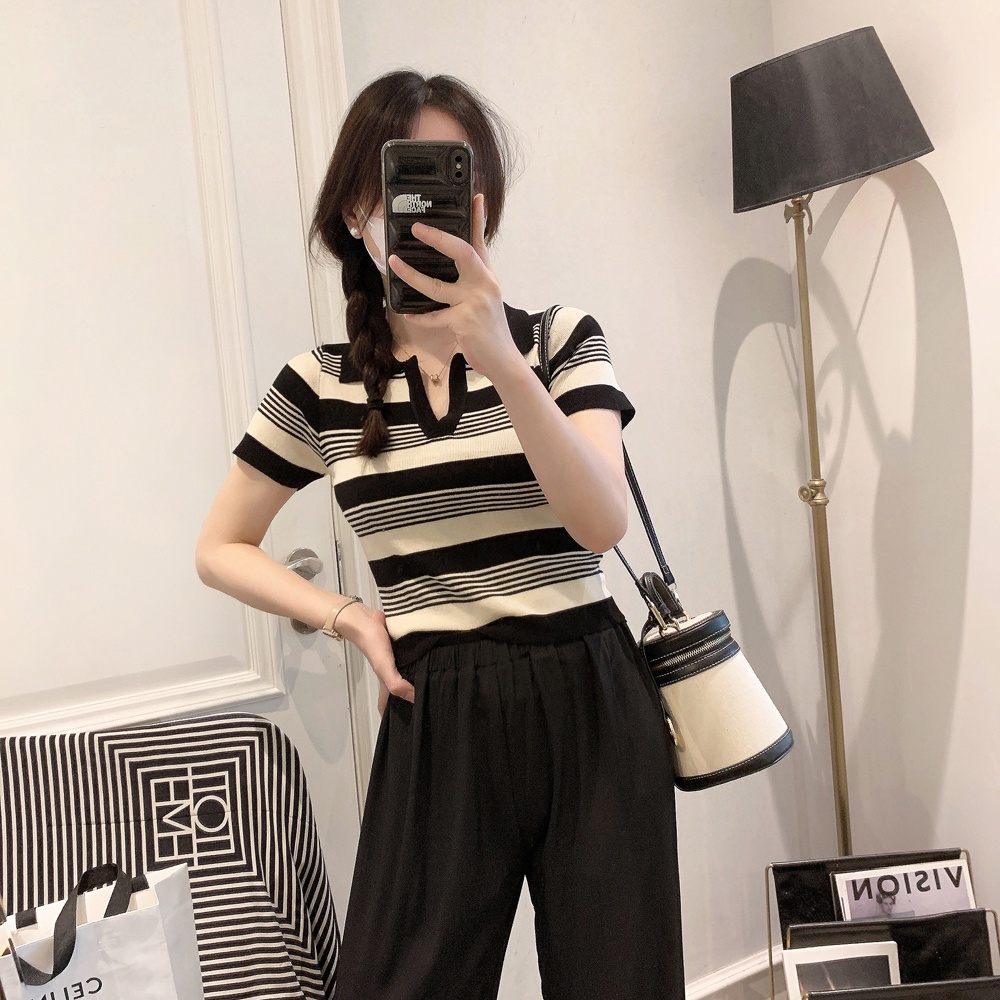 QADCOL  Áo polo Dệt Kim Mỏng Dáng Ôm Tay Ngắn Kẻ Sọc Kiểu Retro Dễ Phối Đồ