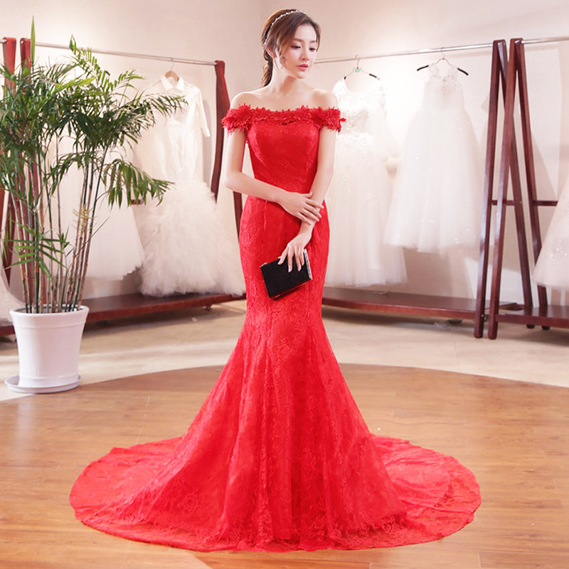Phụ nữ Cô dâu Nàng tiên cá Váy dạ hội dài ren Thanh lịch Thời trang hoa quý phái Tắt vai Đầm dự tiệc màu đỏ