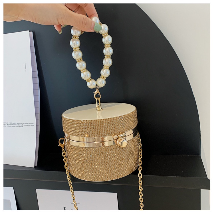 Túi đeo chéo IELGY kiểu hình trụ đính đá sáng bóng phối dây ngọc trai thời trang nhỏ gọn dành cho nữ