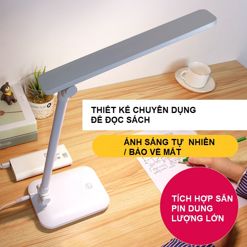 Đèn học để bàn, đèn đọc sách LED tích điện di động, gập 2 chỗ - 3 chế độ ánh sáng vàng bảo vệ mắt, chống cận Pin 2500mAh