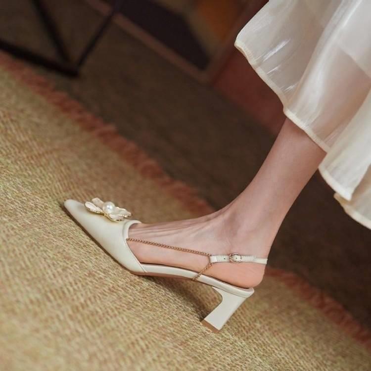 Sandal cao gót trang trí ngọc trai giả phong cách Pháp trẻ trung cho nữ