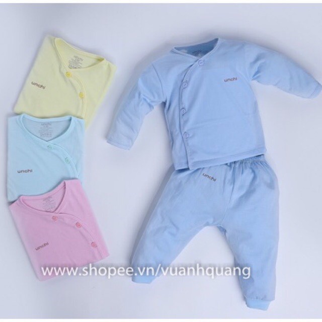 Bộ sơ sinh cotton UNCHI dài tay quần đáp đũng cho bé 3-9kg BSS320