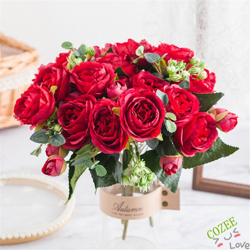 Bó hoa hồng mẫu đơn nhân tạo bằng lụa 9 đầu hoa trang trí nhà cửa/sân vườn/đám cưới/tiệc đẹp mắt nhiều màu tùy chọn