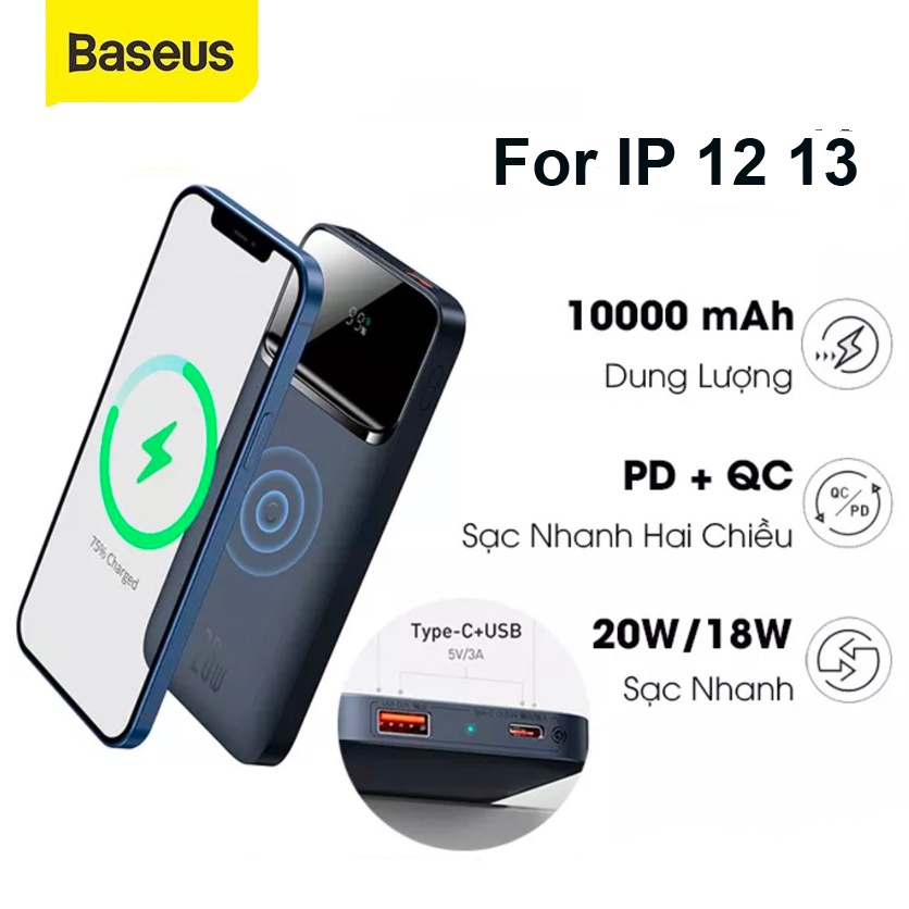 Pin dự phòng Baseus 10000mAh Magnetic Battery Hít Lưng Không dây Từ tính Sạc Nhanh 20W cho Điện Thoại IP 12 13 Pro Max