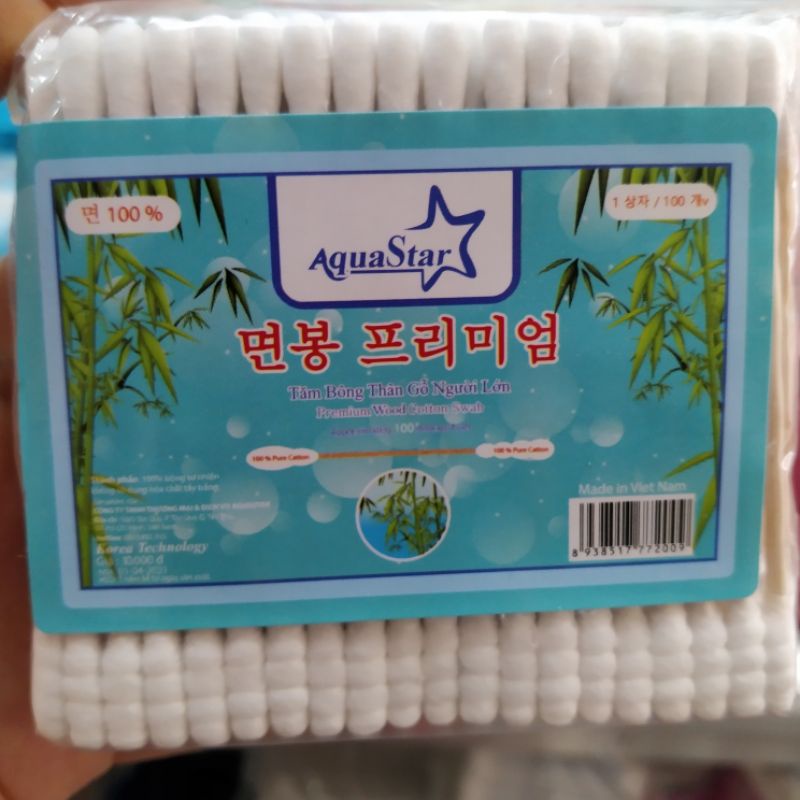 Tăm bông ráy tai lõi gỗ Aqua Star túi 100 que