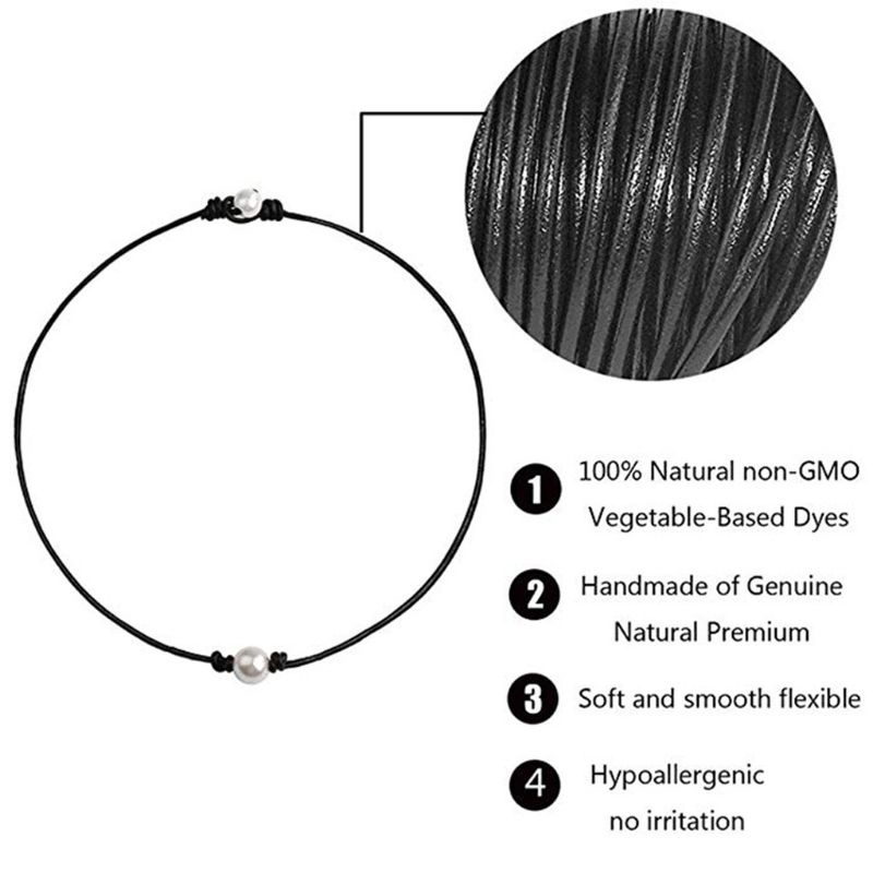 Vòng Cổ Choker Da Thật Màu Đen Đính Hạt Ngọc Trai Thủ Công ONERI Một Văn Hóa