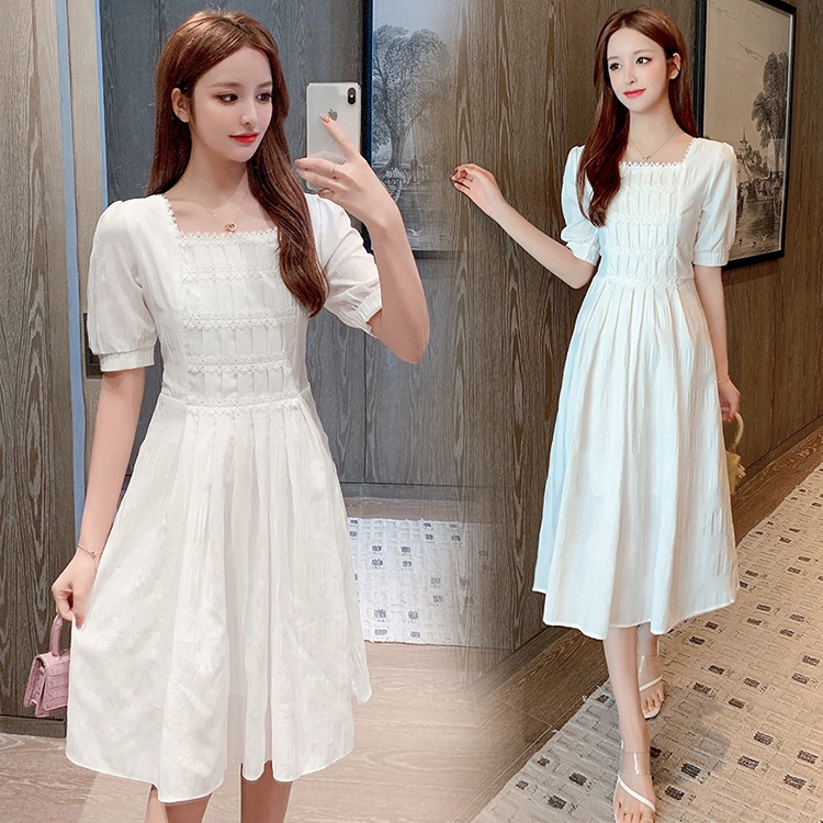 Đầm Chiffon Cổ Vuông Tay Phồng Phối Ren Màu Trắng Phong Cách Pháp Thời Trang Mùa Hè Hàng Mới 2022