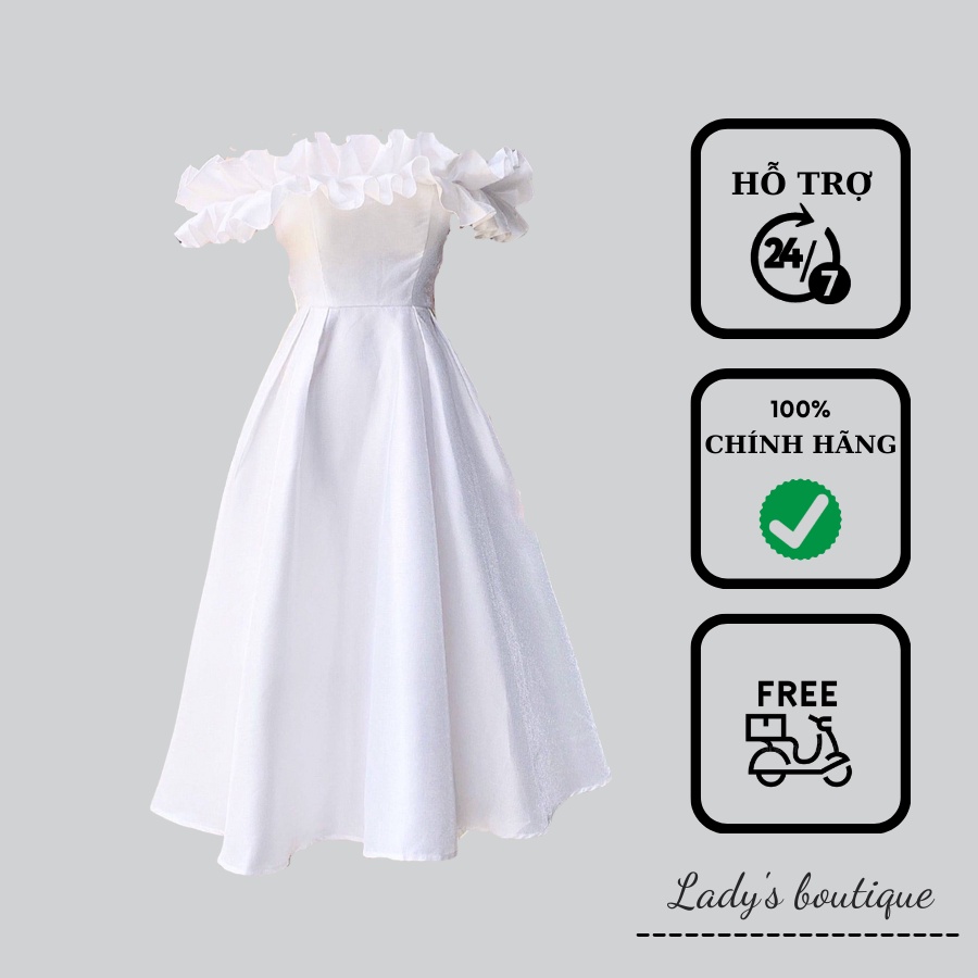 Váy dự tiệc trắng xòe trễ vai cao cấp LADY, đầm dự tiệc thiết kế dành cho phái đẹp